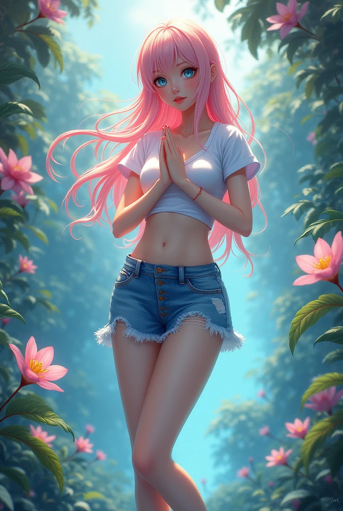 Nationality: Japanese-British mixed
Face Shape: Sexy appearance
Hairstyle: Long light pink hair
Eyes: Blue
Skin Tone: Fair
Outfit: Missy look style, ripped skirt, and V-neck t-shirt
Body Type: Slim and let me sit in the air. Make the background look like paradise. Make the hands praying. Make the hand position like a belly button. Draw it realistically.