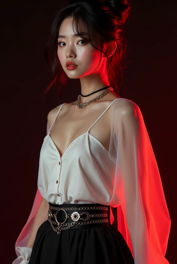 Female kpop idol with soft korean facial features, hair in a bun, soft red lighting, full body picture, black background, stylish white top, black skirt, black platforms, chain belts.