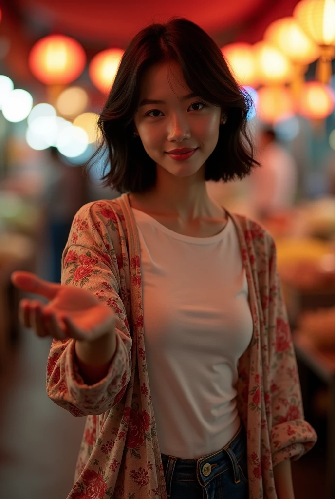 (photorealistic), glamour photography, full body beautiful Asian woman, short shoulder length black hair,  slight smile, wearing a plain white t-shirt covered with floral outerwear, short jeans and shoes (Night Market) setting, exquisite detail, (in the style of Brandon Woelfel), soft lighting, dramatic shadows, rich color tones, night time, vibrant contrasts, pose extending his hand towards the camera, refined attire, serene background, (HD quality), exquisite composition.