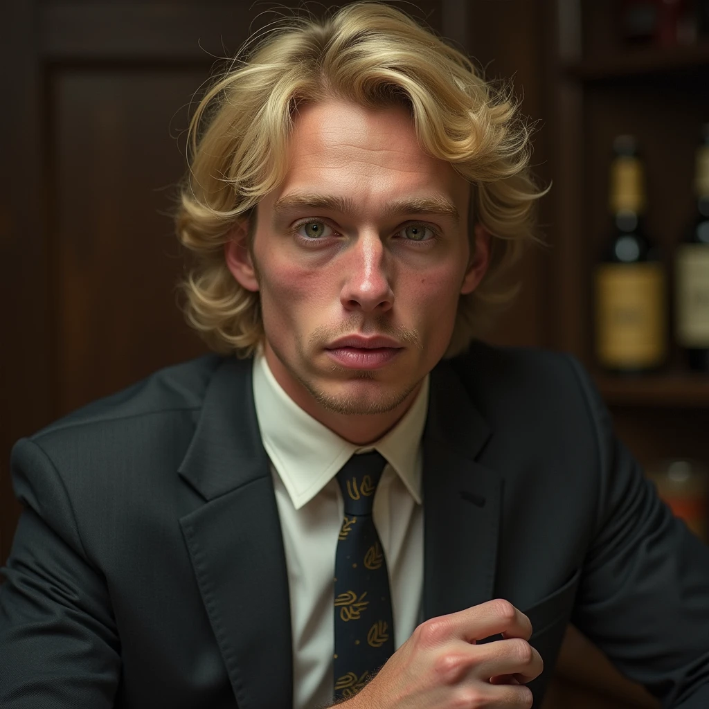 Handsome　young　male　Blonde　whole body　suit　アルコール
suitを着ろ　Drunk　Alcoholics　Stop with the double chin　a little haggard　Sickly　Drunk　Get drunk　Red cheeks　Weakened