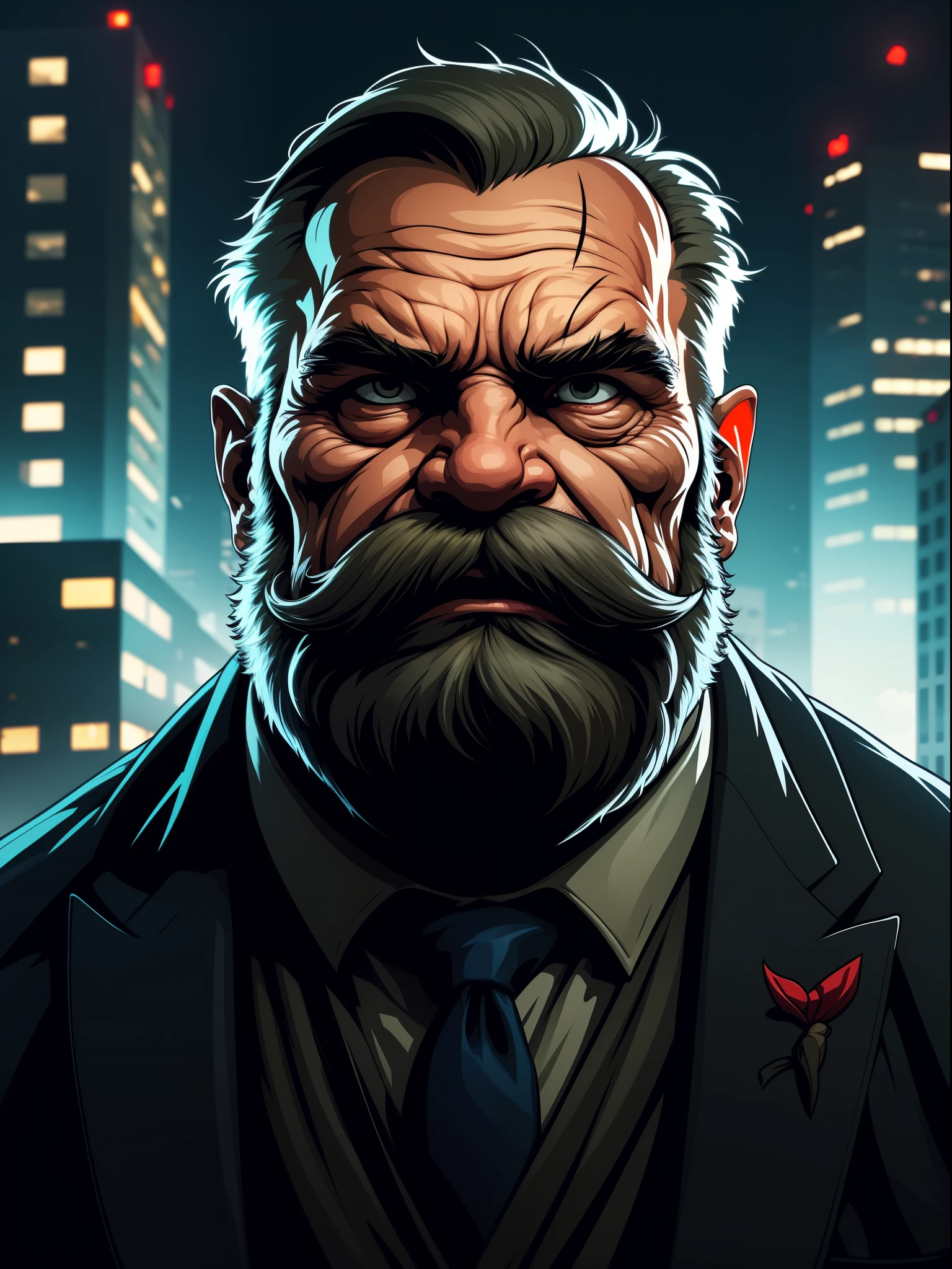 a portrait of an old man wearing a suit, upperbody, standing in a city background, (mwvector), vector, thick mustache, long beard, 8k, high quality, photorealistic, detailed wrinkles, detailed facial features, detailed texture, cinematic lighting, dramatic shadows, moody color palette, warm tones