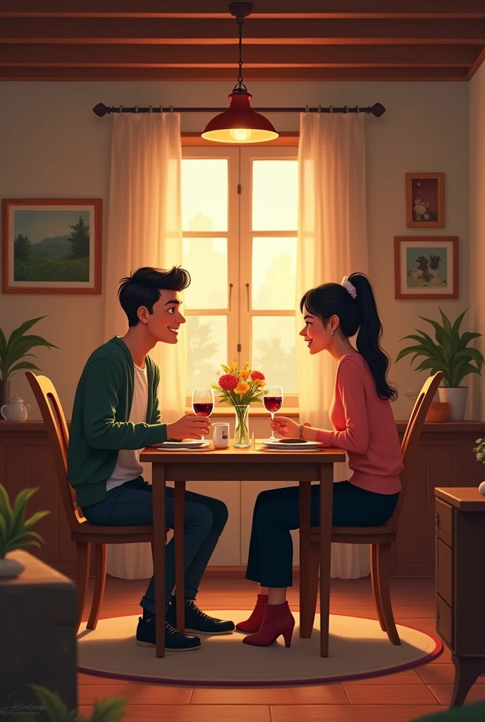 A girl and a guy are having dinner together in a cozy house