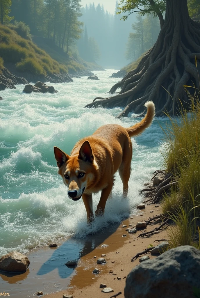 A stray dog ​​walking on the scent of a turbulent river
