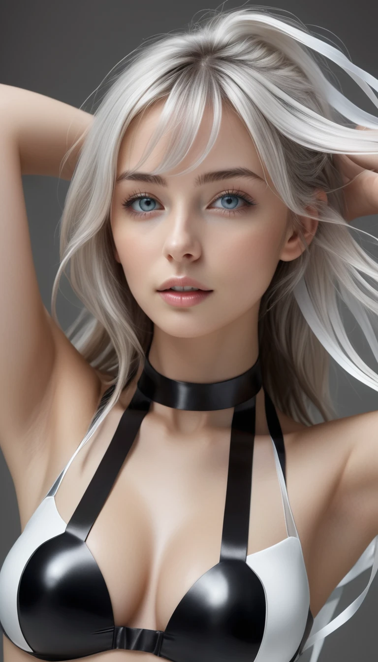 masterpiece, Best Quality, Realistic, Futuristic fashion portrait,
BREAK
beautiful young woman with Light-colored eyes, ig model, high detail, render of april, (all body shot, wide angle, acrobatic pose, from below:1.7),
BREAK
(nsfw:1.2), bold exposure, (very slim waist:1.2), large breasts, large buttocks, cameltoe, exuding a sculptural beauty, White and beautiful Silky skin, thin and beautiful neck,
small head, Detailed face, cute and Pretty slim face, Duck mouth, perfect beautiful Tooth, arranged gray hair, shiny eyes, looking viewer,
BREAK
Transparent Ribbon Layered Ensemble Transparent Ribbon Layered Ensemble, Construct a futuristic, minimalist costume featuring layers of sheer ribbons wrapping around the body in intricate patterns, Emphasize the sleekness of the design with a monochromatic palette of black and white, Highlight the curves of the figure with strategically placed ribbons, creating a harmonious blend of opacity and transparency, Enhance the ensemble with geometric accessories for a modern touch, Opt for a serene expression to complement the avant-garde aesthetic,
BREAK
(in a concrete, Realistic black Shadow, Realistic white lightning),