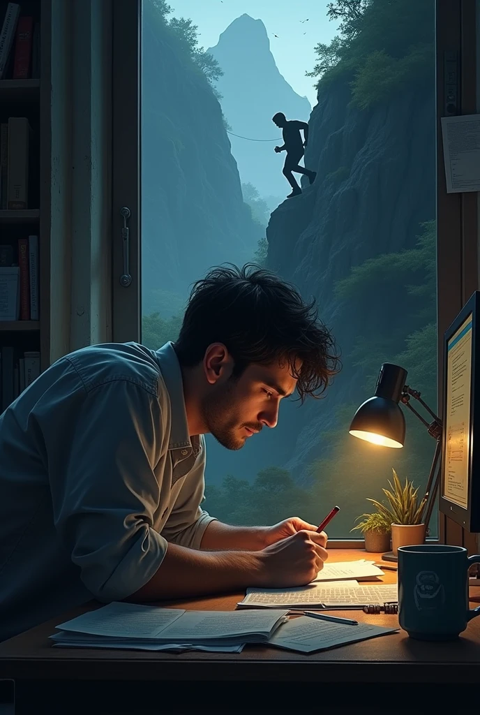 Hard Work and Dedication:
Someone working late at night at a desk, surrounded by notes and coffee, depicting dedication and persistence.
A person climbing a steep mountain or ladder, illustrating the effort and determination needed to reach goals.