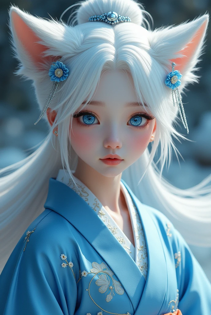 Create a cover for a book, which refers to the legend of the nine-tailed fox, shows a girl with Asian features, 1, beautiful and mesmerizing blue eyes, White skin, her white hair with Japanese accessories, wearing a beautiful blue kimono