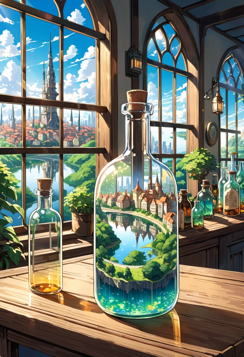 Highly detailed anime-style still art, Studio Ghibli style, masterpiece, Official Art, professional, ((Extremely detailed)), 8K, ((Don&#39;t show it to people)),

Fantasy city in a glass bottle, Many glass bottles, The city should have complex buildings with spires and towers, Surrounded by lush greenery，Bridge over the River. Glass bottles on wooden table, Sunlight streams in through the nearby windows, Casts magical reflections and highlights on the bottle and the city inside