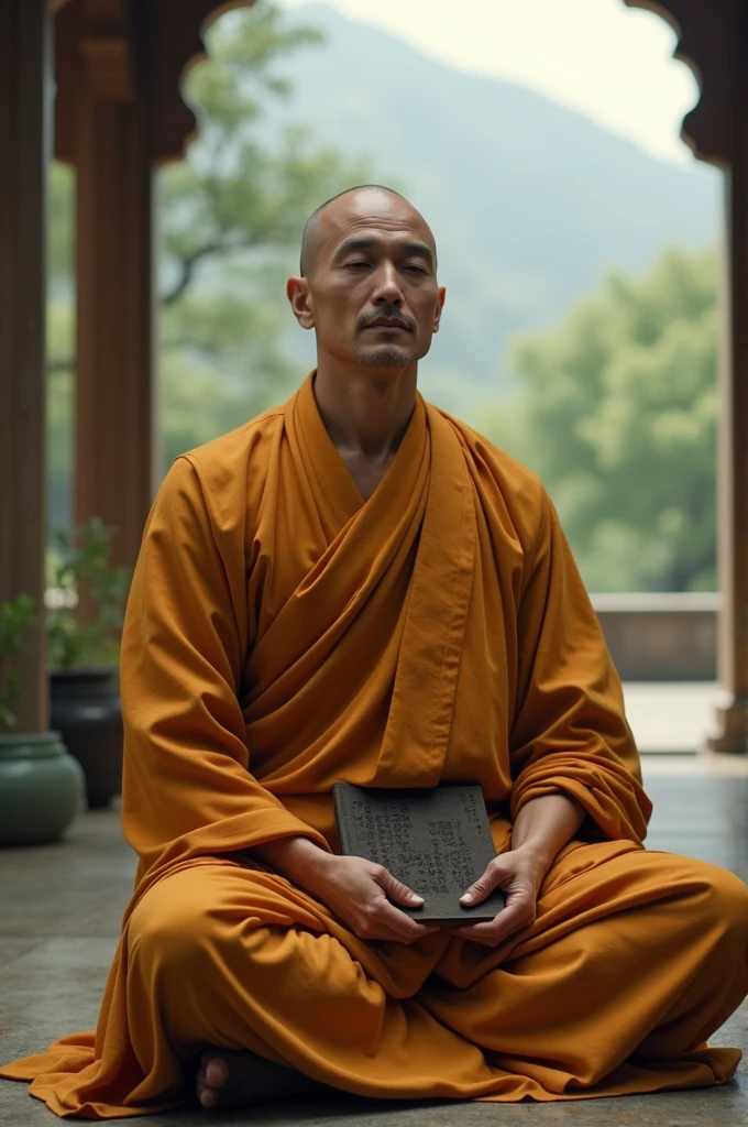 A man in traditional Buddhist attire, such as simple, flowing robes in muted colors like saffron or ochre. He could have a calm and meditative expression, with a shaved head or neatly kept hair. The background could be a serene temple or a tranquil natural setting, and he might be engaged in meditation or holding a Buddhist scripture or prayer beads."