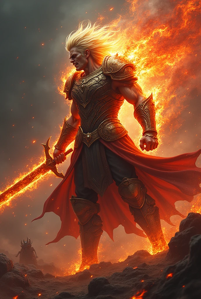 A man with golden hair, a red aura on his body, and a terrifying appearance. He is 30 years old and holds a very large sword with golden and red flames. He is fighting with a demon and is armed with a large hammer.