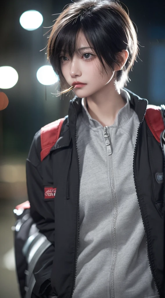 One girl, Helmet, Food, alone, Spacesuit, short_hair, 前hair, Jacket, upper_body, white_hair, bag, Blurred, coat, gray_eye, Blurred_background, Backpack, zipper, Urban Tech Wear, smoking,幻想的なbackground、Adventurer