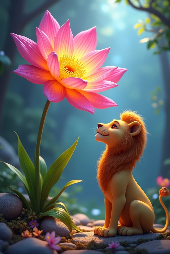 The magical flower shining with bright colors The magical flower talking to Leo the little lion with golden mane 3D, ideal for a story 