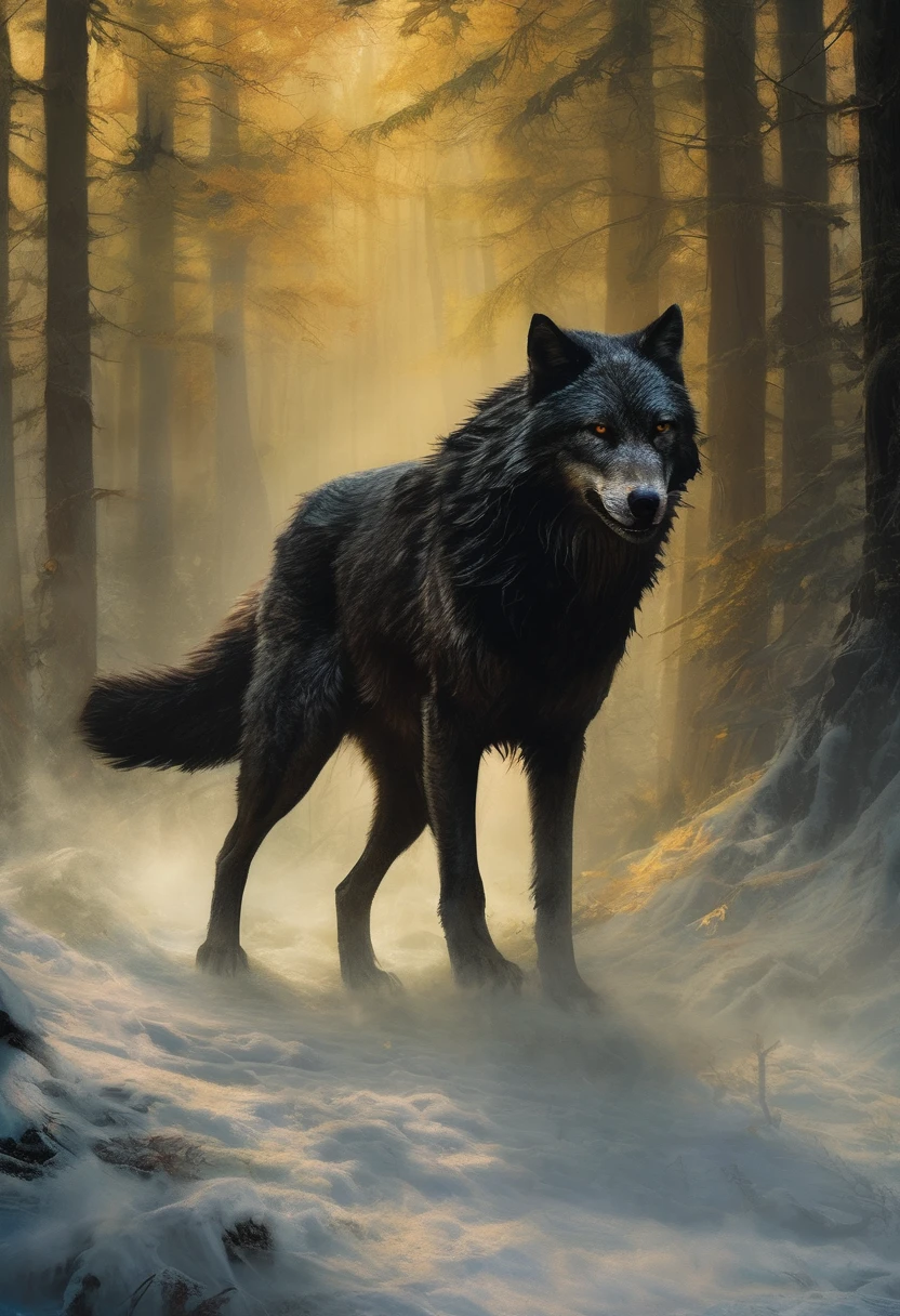 Create a dark, menacing portrayal of the Big Bad Wolf from 'Puss in Boots'. The wolf should have piercing red eyes, sharp fangs, and be surrounded by a shadowy, misty forest. His fur is a mix of deep grays and blacks, with a menacing snarl that captures his predatory nature. Add subtle elements of fantasy, such as glowing runes or an enchanted weapon, to emphasize his role as a formidable antagonist