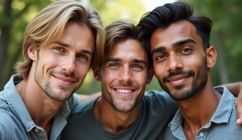 (photorealism:1.2), no beard, 1 German guy with blond hair and ice blue eyes with a height of 6'5, another Russian guy with brown eyes and brown hair with a height of 6'1, an Indian guy with brown eyes with a height of 6'2. All young guys taking a selfie together, fully realistic, no blur, detailed. 