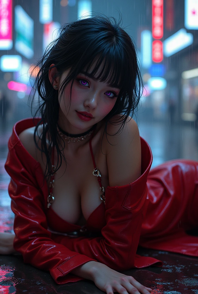 A naked  girl with purple  eyes  in red torn suit and wet body and laying down in cyberpunk city and rainy weather and watching me with smile 