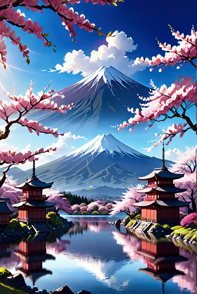 Spring scenery、Cherry tree、Pink Mount Fuji, lake、lakeに映る富士山, Fantasy