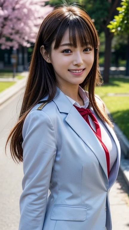 Light、Cherry tree in full bloom、A girl in uniform standing in front of the school gate、美しいhigh school girl、Highly detailed official artwork、Realistic 3D style、Surreal、(Like a smile that makes you smile)、Cute eyes、Beautiful girl with short hair、Attractive look、Smiling woman、high school girl, Blue blazer、school uniform、White shirt、Red tie