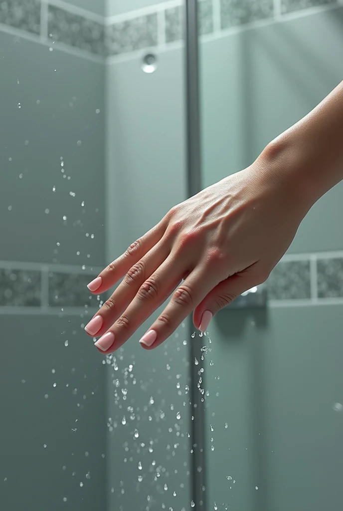 hand with short nails sliding on wet shower