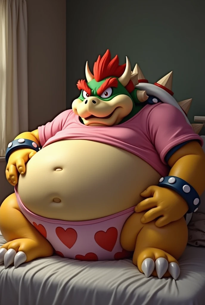 Bowser from Super Mario, Extremely obese, chubby, embarrassed, huge round belly, big moobs, heart underpants, pink tight short sleeves t-shirt, laying on a bed, one hand on the belly