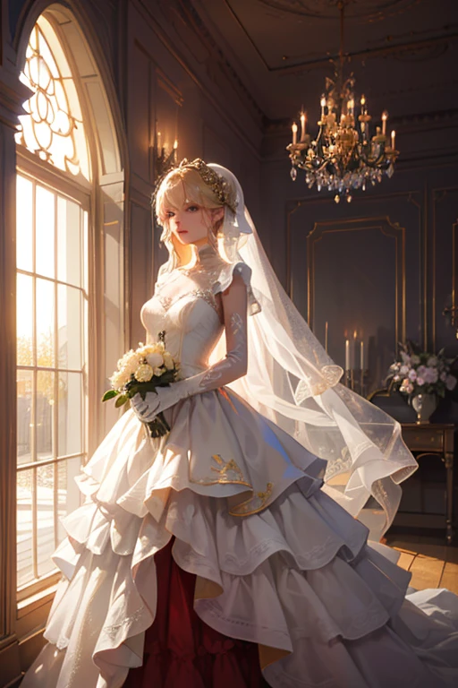 Artistic AI Art Galaxy(masterpiece:1.2, Highest quality), (Beautiful, detailed eyes: 1.2), High resolution, (Beautifully detailed face), (One girl:1.2), Blake: A figure in a red and white dress with gold trim.、Standing in front of a window with red curtains and gold ornaments。. The dress is gorgeous and sophisticated., Multi-layer structure. This character has long, flowing hair with flowers, Wearing gloves. She has a noble and delicate character.. The light coming in through the window creates a fantastic atmosphere., The curtains and windows are carefully painted.. It's a warm image.