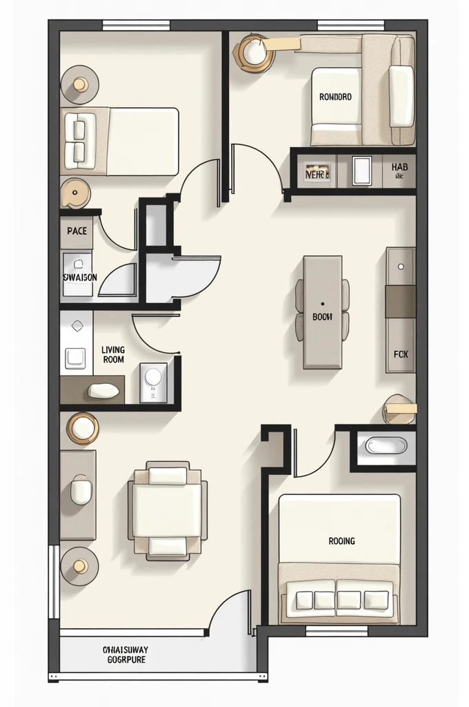 Make a plan of 4 rooms and 1 kitchen with a living room in a rectangle with measurements of 6m wide x 12m long with a hallway between the rooms
