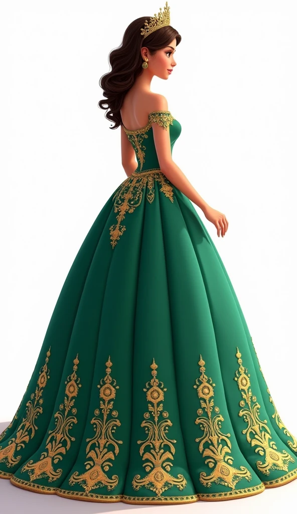 Make an animated illustration on a white background, of a quinceañera dressed in a majestic emerald green dress with gold details. The quinceañera is facing away, looking slightly to the right.. The design is elaborate and elegant, with a style worthy of royalty and high society, highlighting the young woman's social status. The dress has a neckline that reveals the high back and shoulders., with gold embroidery that stands out against the green background. The skirt is wide and voluminously adorned with the same golden details.. Her hair, dark brown, It is combed in soft waves that fall over her back.. besides, She wears a golden crown that completes her royal and sophisticated look., which makes her look like a princess on her special day.