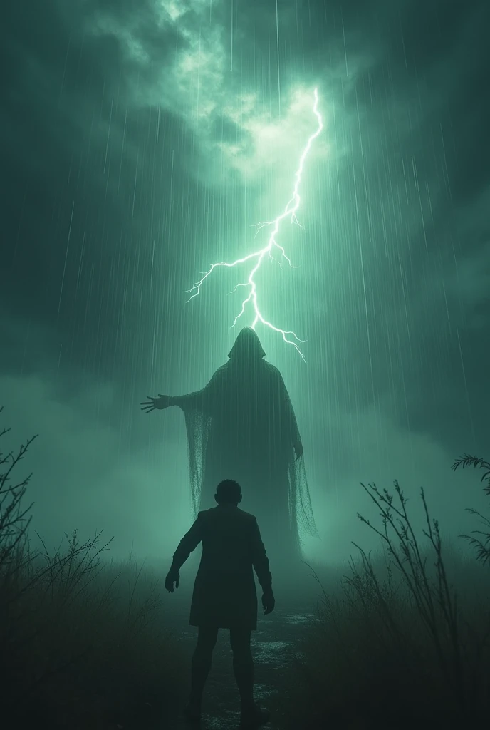 A terrifying storm scene, dark stormy sky, lightning, rain, wind, ominous clouds, dramatic lighting, glowing figure pointing at Ali, Ali surrounded by fear, intense emotion, realistic, photorealistic, 8k, high quality, detailed, cinematic, moody, epic, dramatic, atmospheric, horror, supernatural