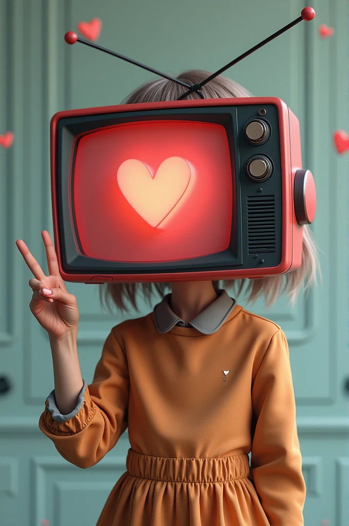 Girl with Tv head with heart on screen posing with peace sign
