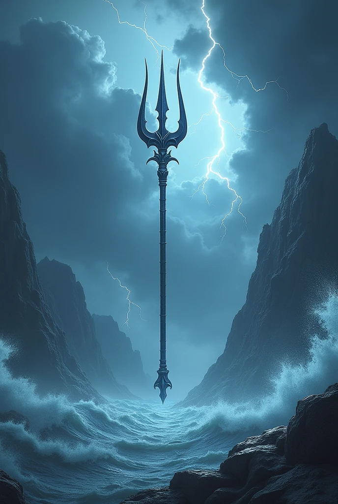 A trident in the mid air with the storm around it