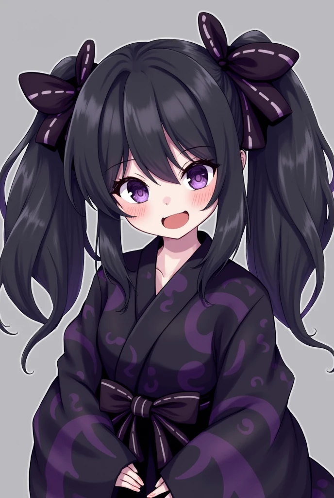 Yami, the Goddess of Chaos, Destruction, Death, Darkness, the End, and Omega (Child-like)
Clothes:
Yami’s attire retains its dark, mysterious allure but now has a playful, almost mischievous twist. Her kimono is still made of dark purple and black fabric, but it’s shorter, resembling a yukata worn by young girls. The neckline is modest, but the outfit is still semi-transparent, teasingly revealing her skin beneath in a way that feels more mischievous than seductive. The sleeves are oversized and drape over her small hands, adding to her child-like appearance. The obi is tied in a large, playful bow at her back, giving her a cute yet eerie vibe. The fabric of the kimono has dark patterns that seem to move and shift, adding to her mysterious aura.
Appearance:
Yami’s long, raven-black hair is now styled in twin tails, held up by dark ribbons that match her kimono. Her deep purple eyes are large and expressive, giving her a more innocent and playful look, but they still carry the same dark, chaotic energy. Her fair skin contrasts with her dark outfit, but her face has a more youthful and mischievous expression. Her lips are a soft, dark purple, with a slight pout that adds to her child-like charm. Despite her youthful appearance, there’s an underlying sense of danger in her smile, reminding those who see her that she is still the embodiment of chaos and destruction.