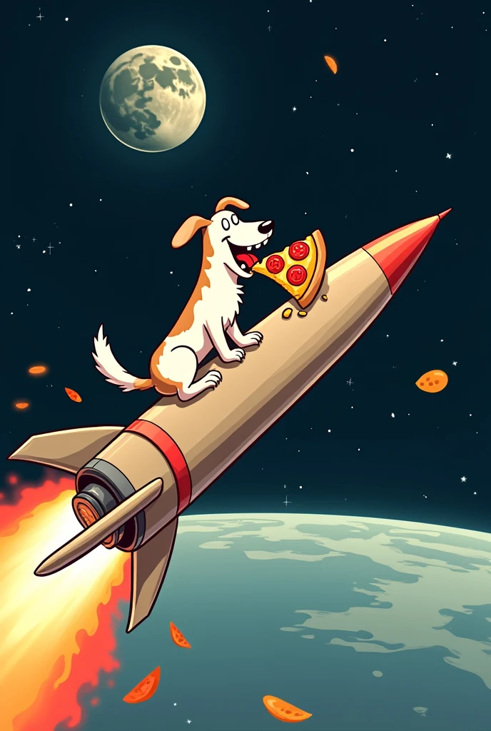 A dog eating a pizza sitting on a missile heading to the moon