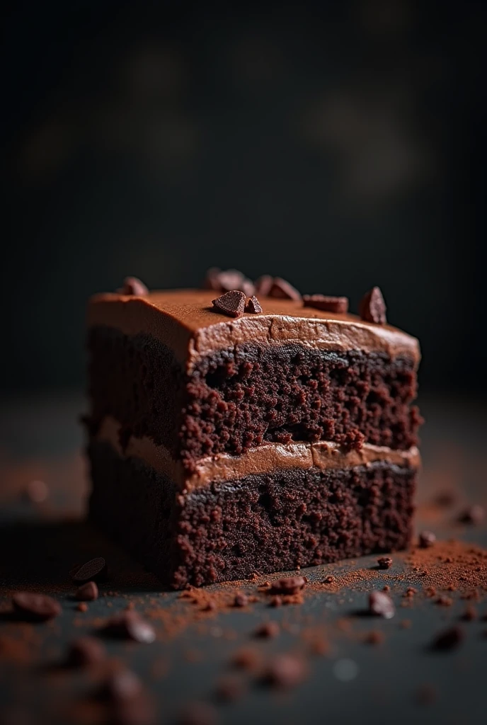cinematic film still chocolate, chocolate cake, dark background, quality photo, moist texture, frosting, studio photo, slice . shallow depth of field, vignette, highly detailed, high budget, bokeh, cinemascope, moody, epic, gorgeous, film grain, grainy