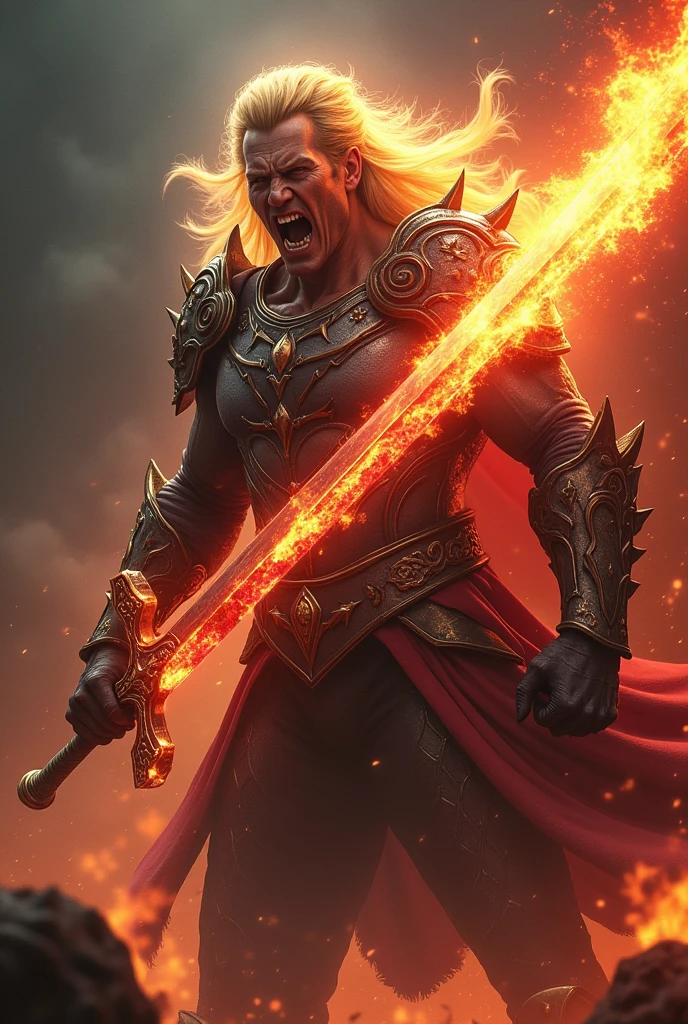 A man with golden hair, a red aura on his body, and a terrifying appearance. He is 30 years old and holds a very large sword with golden and red flames. He is fighting with a demon and is armed with a large hammer.