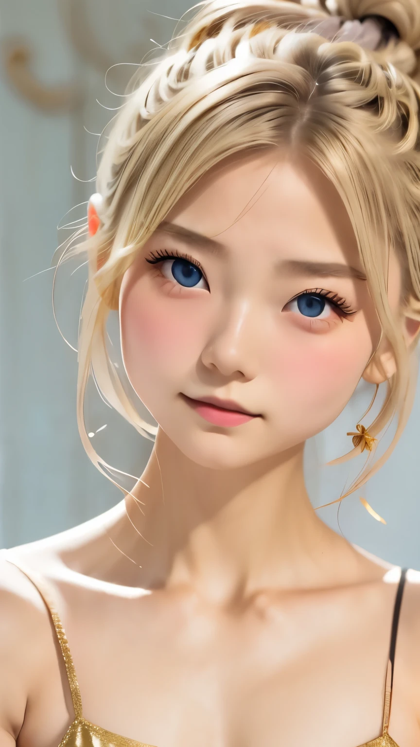 cute, (Ash Blonde Hair), ((Hair Bun)), Perfect Face, An innocent smile, Upper Body,(blue eyes), (Yan), (small), (thin), ((small胸)), ((Only 16)), Skin dentition, Very detailed, Attractive oval face, Red lips, pink, Glowing Skin, thin髪, Face Focus, Chest close-up, Gorgeous hair ornament, Gold earrings, ((1 person)), Embarrassed expression,