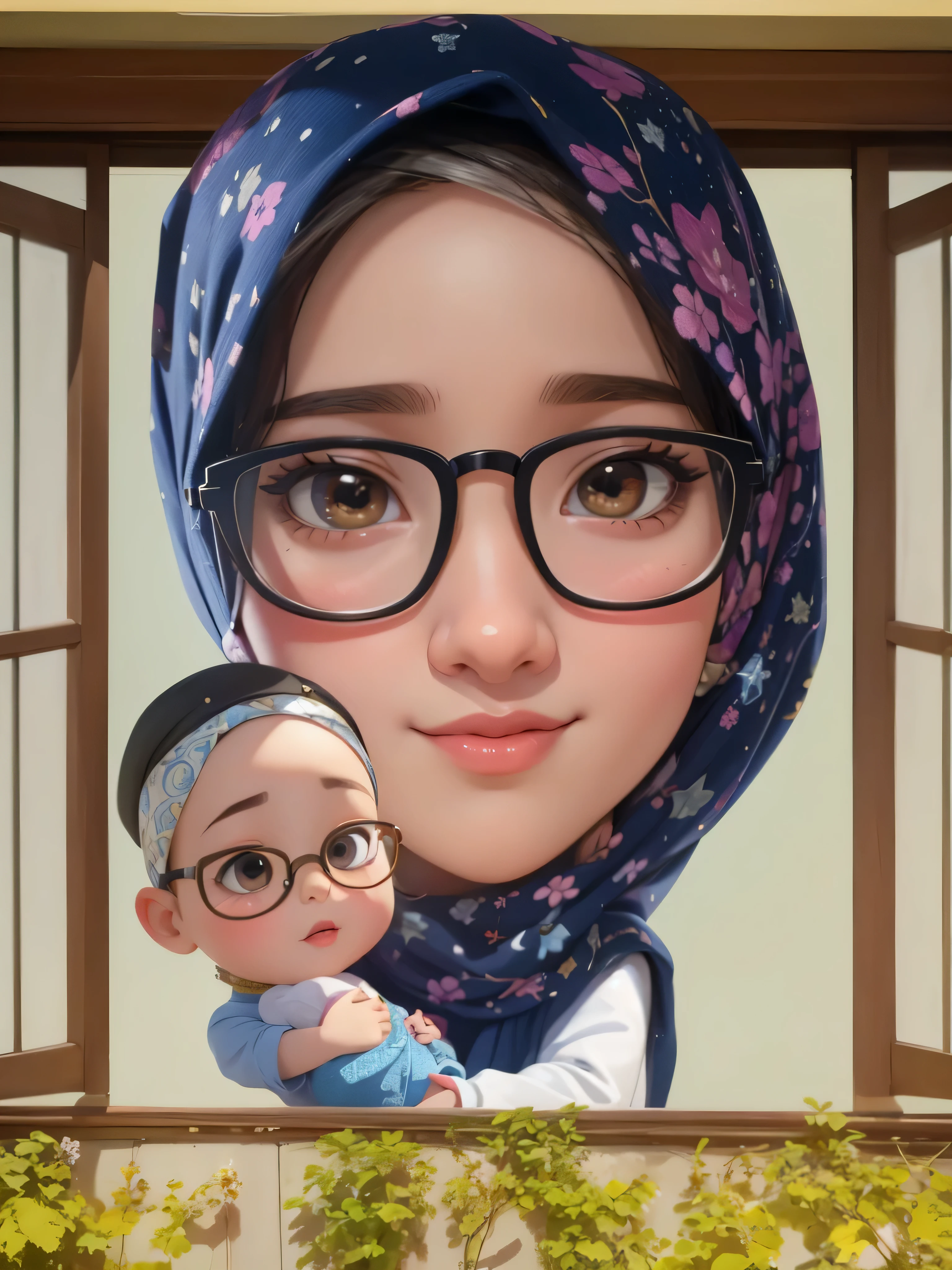 a close up of a hijab woman Wearing Glasses, Holding a baby in the window, full protrait, realism artstyle, inspired by Nil Gleyen, nft portrait, fanart, portait photo profile picture, kawaii realistic portrait, in cartoon style, inspired by JoWOnder, protrait, high quality portrait, sakimi, inspired by Kim Jeong-hui