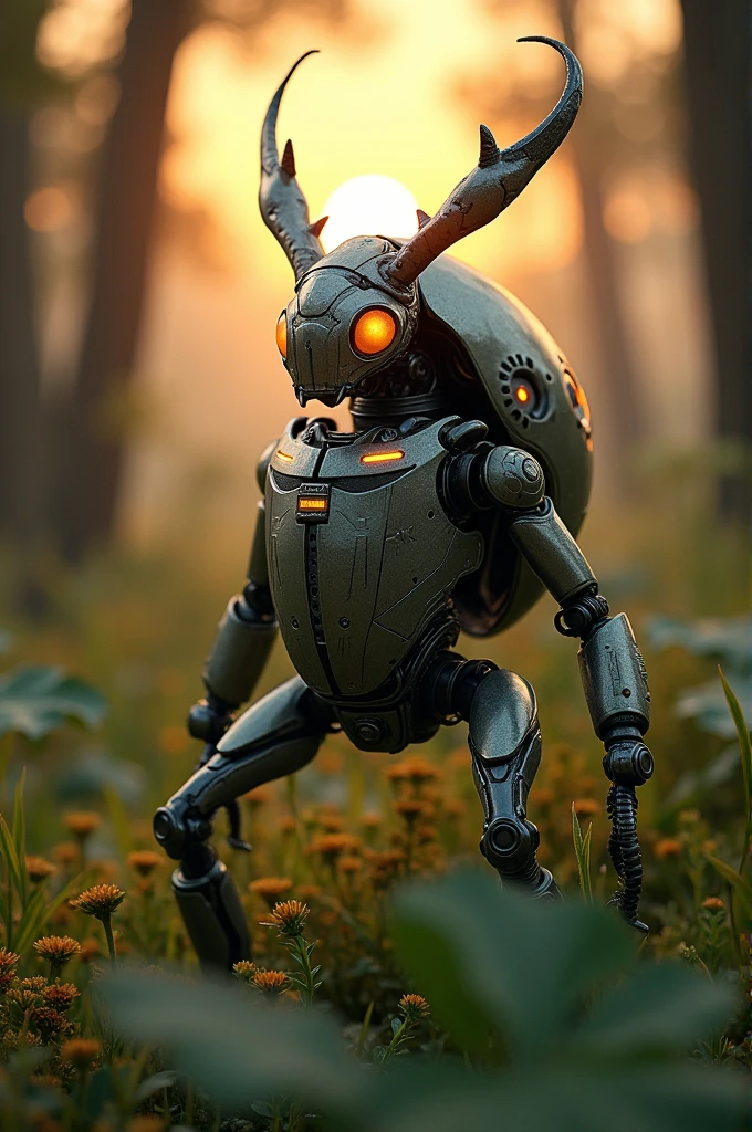A beetle in cyborg glossy costume standing in a forest at sunset 