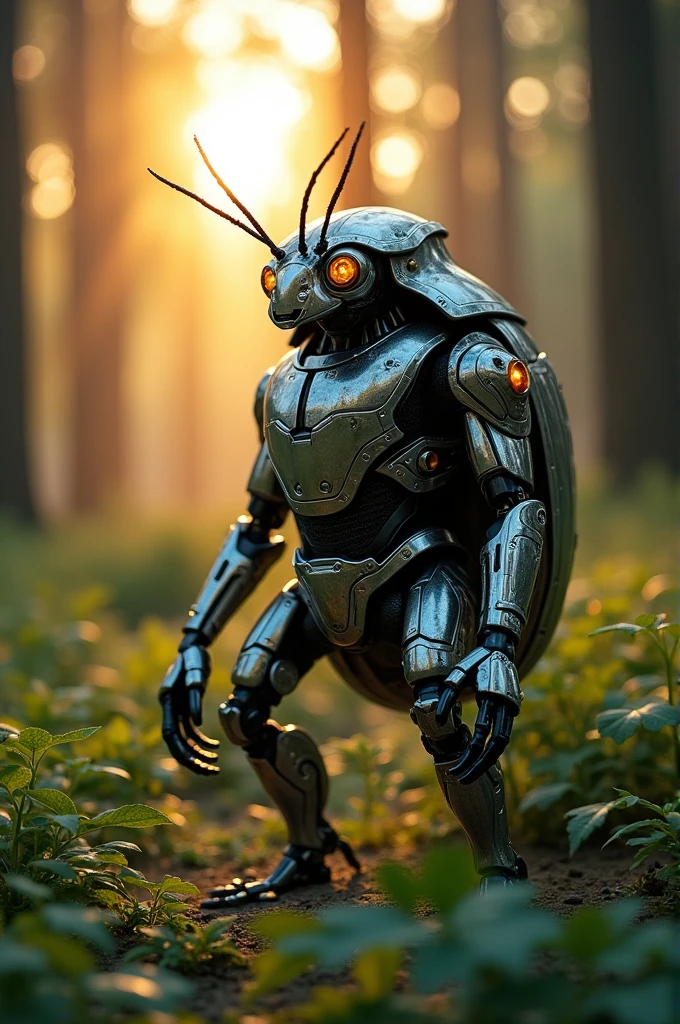 A beetle in cyborg glossy costume standing in a forest at sunset