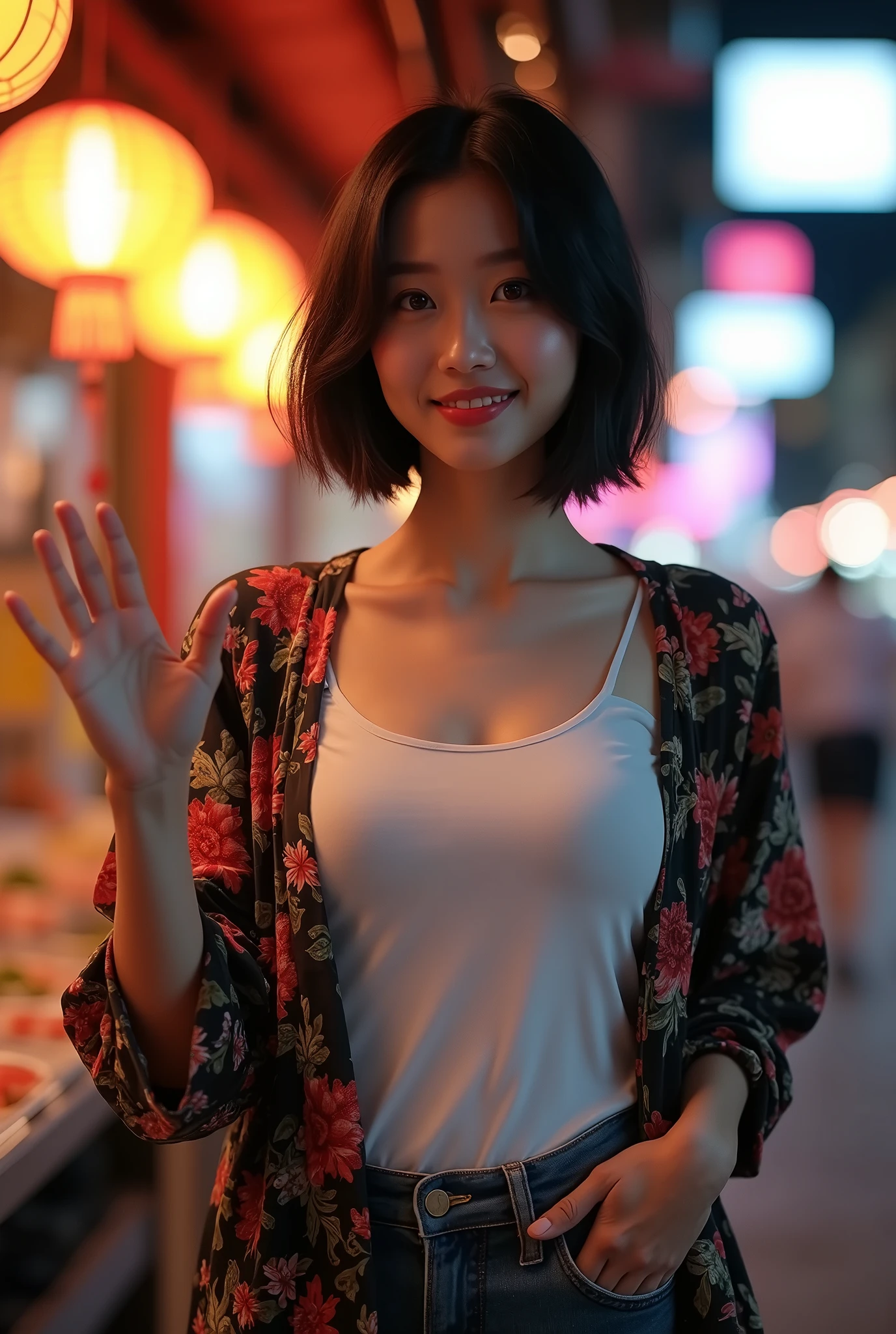 (photorealistic), glamour photography, full body beautiful Asian woman, short shoulder length black hair, slight smile, wearing a plain white t-shirt covered with floral outerwear, short jeans and shoes (Night Market) setting, exquisite detail, (in the style of Brandon Woelfel), soft lighting, dramatic shadows, rich color tones, night time, vibrant contrasts, pose extending his hand towards the camera, refined attire, serene background, (HD quality), exquisite composition.