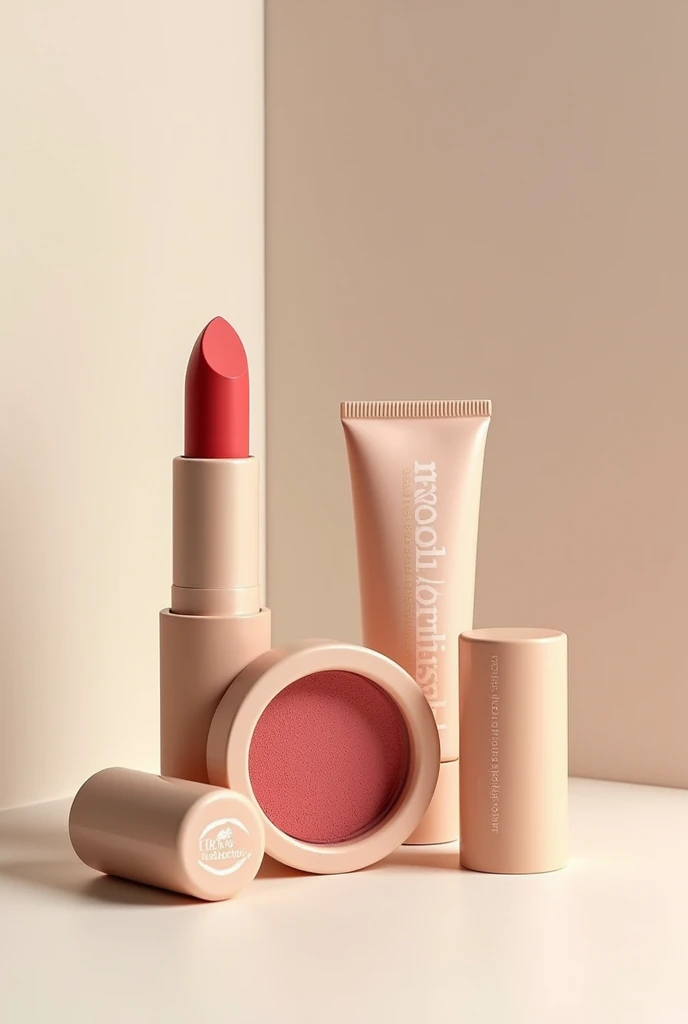 Create an image of a lipstick, a blush and a lip balm made with 100% natural products% natural