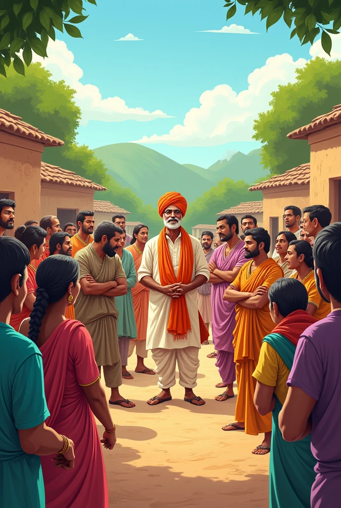 Create an cartoon image of a village sarpanch and village people there were panchayat meeting going on in village