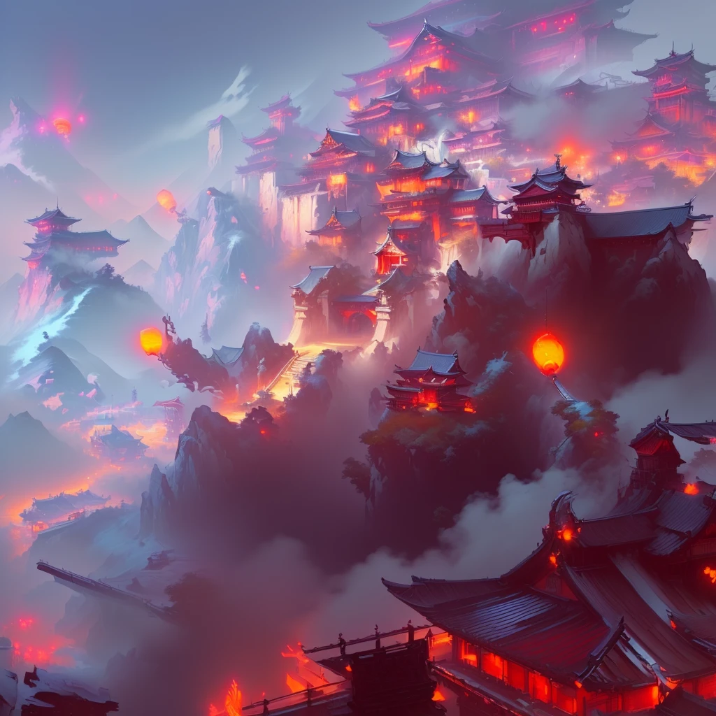 Close-up of a painting of a mountain with a tower, Cyberpunk Chinese Ancient Castle, Mountain fortress city, Anime Background art, Traditional Japanese concept art, Japanese cities, Anime scenery concept art, Japanese Street, Awesome Wallpapers, Anime Background, Colorful Fox City, Dreamy city in China, Background artwork, Anime fantasy artwork, Andreas Rocha Style, Dojo on the mountain