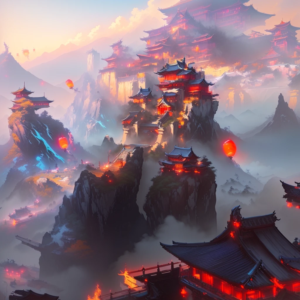 Close-up of a painting of a mountain with a tower, Cyberpunk Chinese Ancient Castle, Mountain fortress city, Anime Background art, Traditional Japanese concept art, Japanese cities, Anime scenery concept art, Japanese Street, Awesome Wallpapers, Anime Background, Colorful Fox City, Dreamy city in China, Background artwork, Anime fantasy artwork, Andreas Rocha Style, Dojo on the mountain