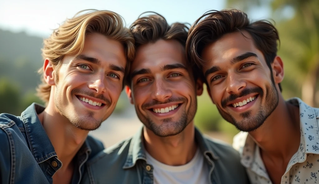(photorealism:1.2), no beard, 1 German guy with blond hair and ice blue eyes with a height of 6'5, another Russian guy with brown eyes and brown hair with a height of 6'1, an Indian guy with brown eyes with a height of 6'2. All young guys taking a selfie together, fully realistic, no blur, detailed.