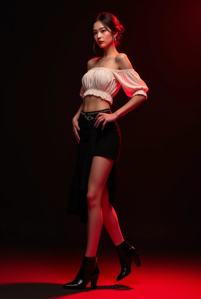 Female kpop idol with soft korean facial features, hair in a bun, soft red lighting, full body picture, black background, stylish white top, black skirt, black heels, chain belts.