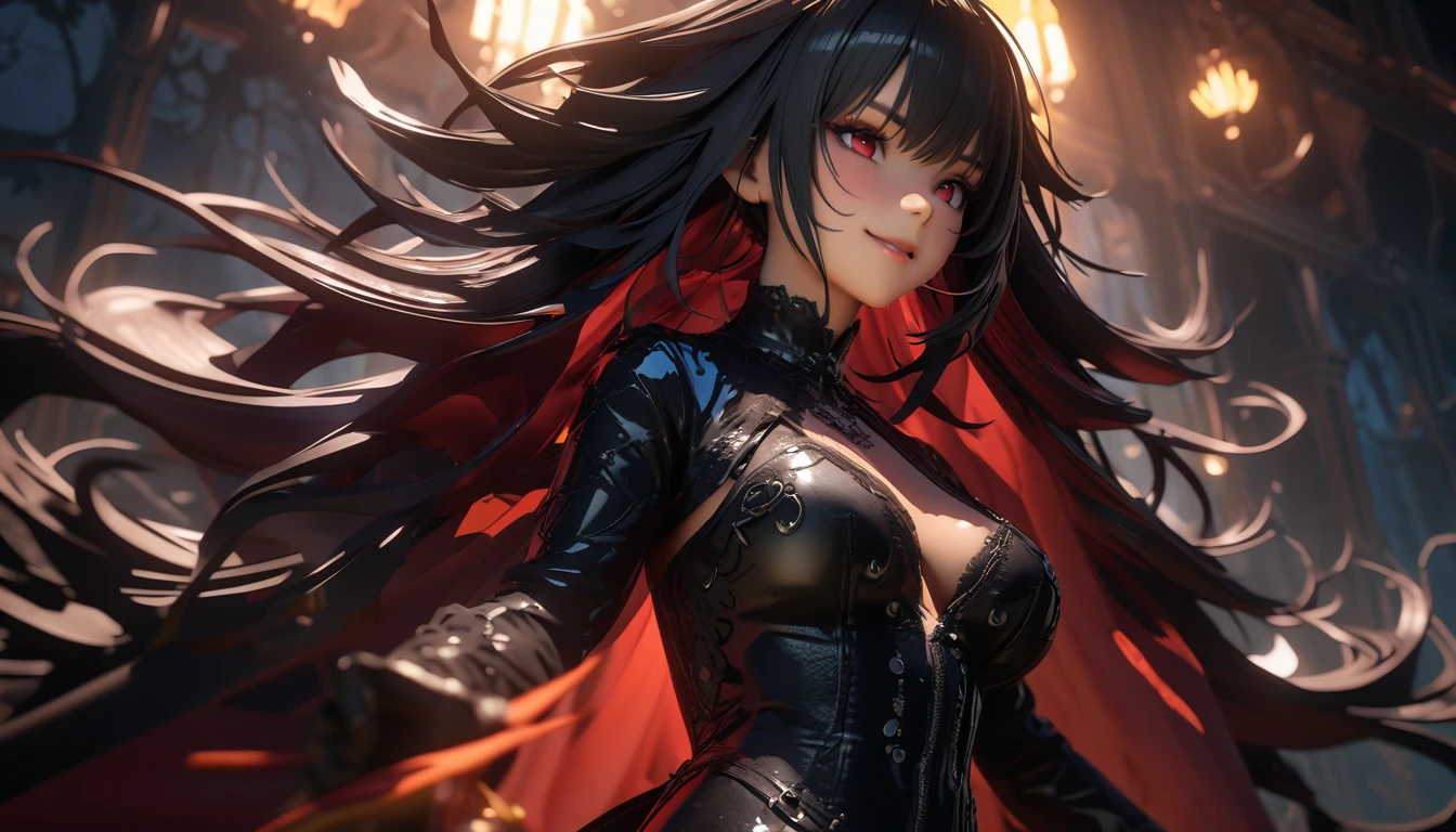 1 woman，masterpiece, 8K quality, (((red skinned girl))),(чрезвычайно подробные обои CG Unity 4k),(masterpiece),(Best quality),(ultra detailed),(best illustration),(best shadow),(absurdity),(detailed background), detailed face, Detailed hair, official Art, unity 8k wallpaper, super detailed, Beautiful, Beautiful, ((New goth girl:1.4)), masterpiece, top quality, Dark, In the atmosphere, mysterious, romantic, creepy, literature, Art, fashion, Italian Vineyard , decoration, difficult, Metalworking, contemplation, depth of emotions, black hair, Supernatural, 1 girl, One, Hip, Close-up, creepy, old (man:0.5), shiny complex details, spicy, 3D rendering, cinematic lighting, unreal engine, Blender, big breasts, Smirk、professional lighting、about, standing, very long hair, cowboy shot, brilliant, brilliant hair, (night:1.2),Dreamy, [[gentle fingers and hands:0.55]::0.85],(detailed fingers),),(emotional),(breathtaking),(main part:1.2) whole body.), (Anime Style), (Super Detailed), (brutal), (uhd, HDR), (8k), (High Resolution: 1.2), (Complex and Beautiful: 1.2)