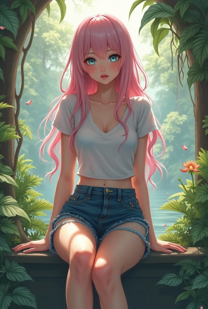 Nationality: Japanese-British mixed
Face Shape: Sexy appearance
Hairstyle: Long light pink hair
Eyes: Blue
Skin Tone: Fair
Outfit: Missy look style, ripped skirt, and V-neck t-shirt
Body Type: Slim and let him sit in the air. Make the background look like paradise. Make the hand a shape that symbolizes bowing. Draw it realistically.
