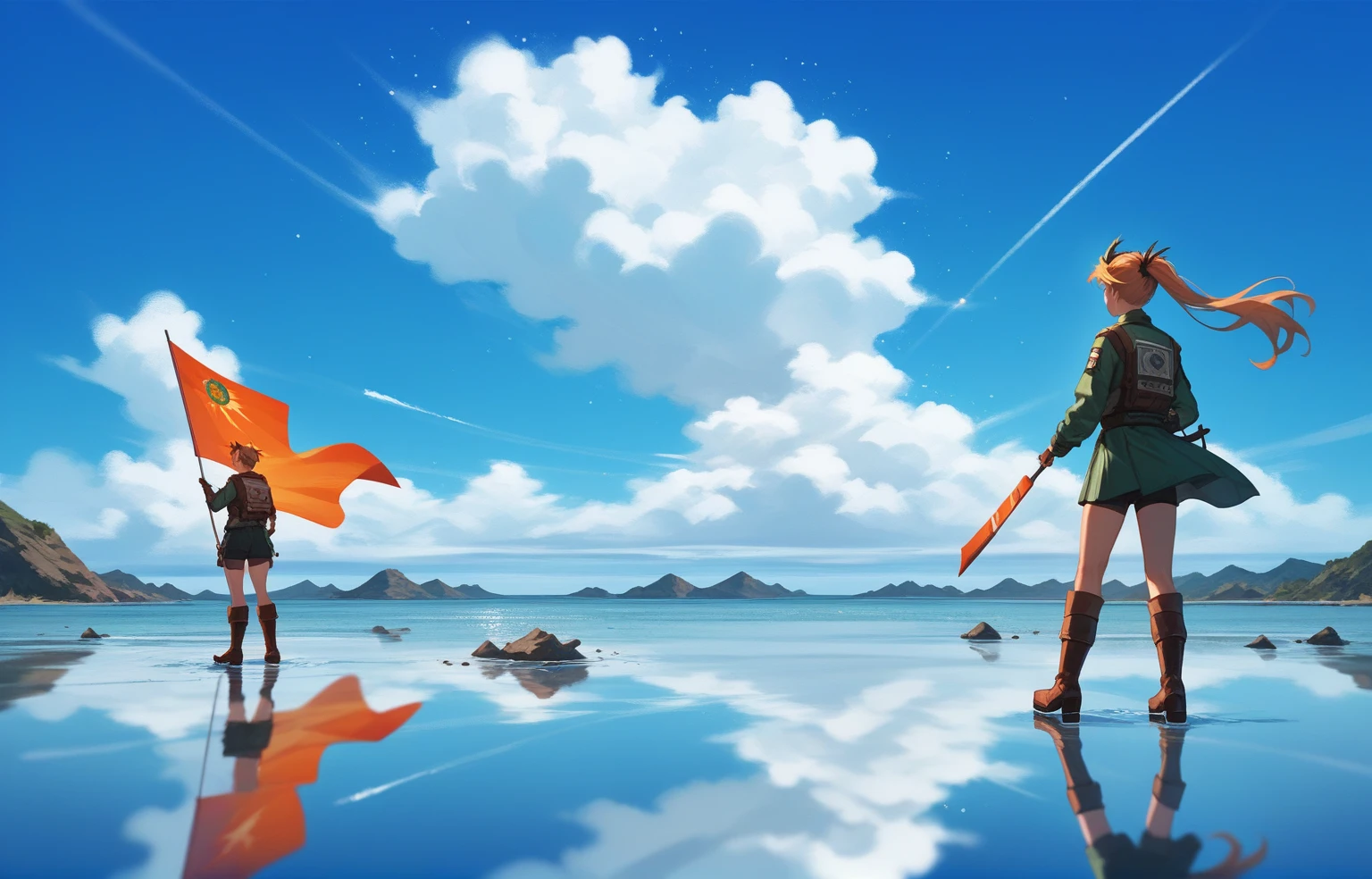 Brown side ponytail,Dark green windbreaker,boots,The background is just the endless sky and horizon.、The only decorations around her are glimmering particles and electronic ripples..Clothing design is simple and modern.In this empty landscape,Her presence is particularly conspicuous,Back,Sea,Reflection,Blue sky and white clouds