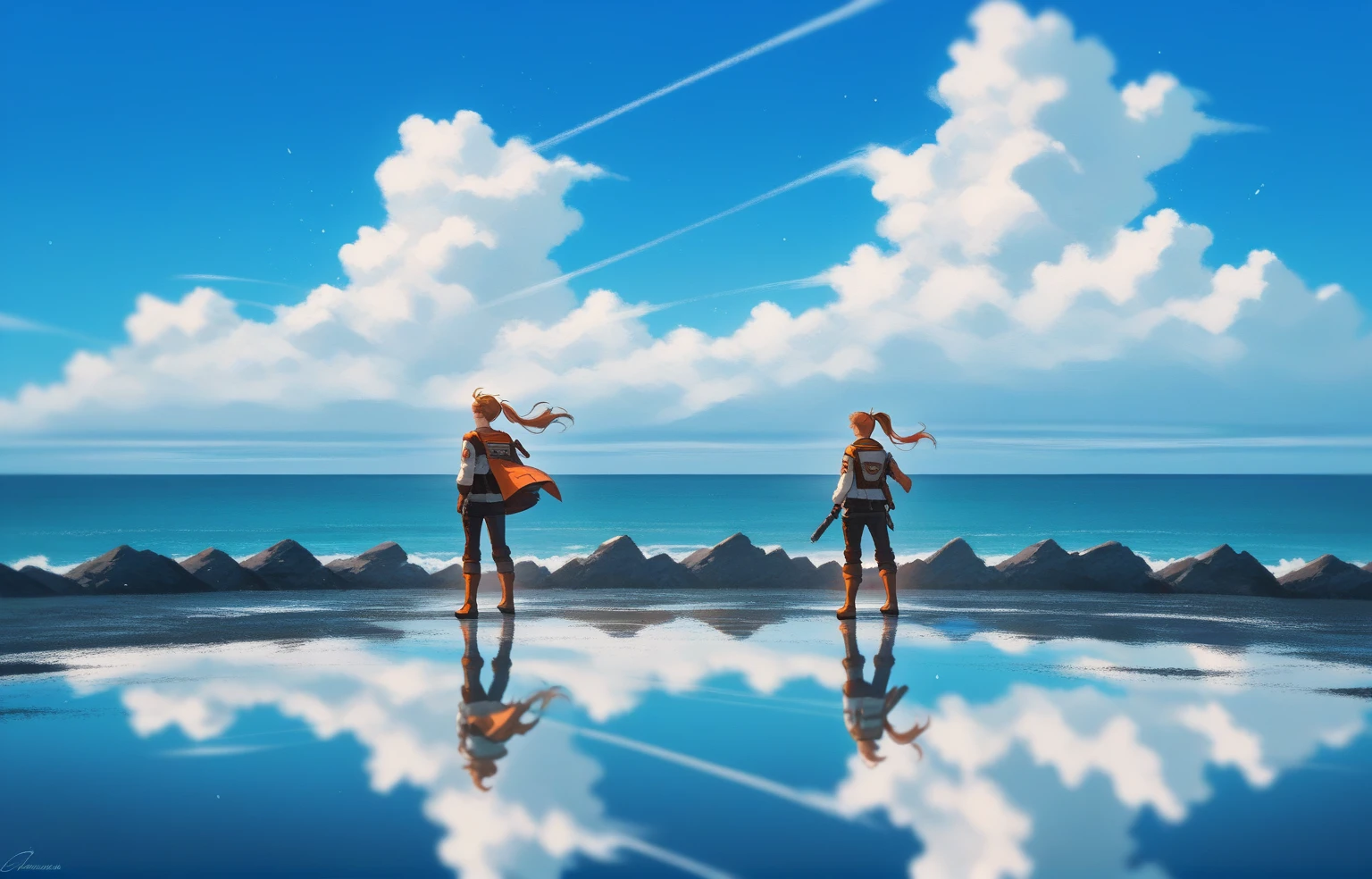 Brown side ponytail，Dark green windbreaker，boots，The background is just the endless sky and horizon.、The only decorations around her are glimmering particles and electronic ripples..Clothing design is simple and modern.In this empty landscape，Her presence is particularly conspicuous，Back，Sea，Reflection，Blue sky and white clouds