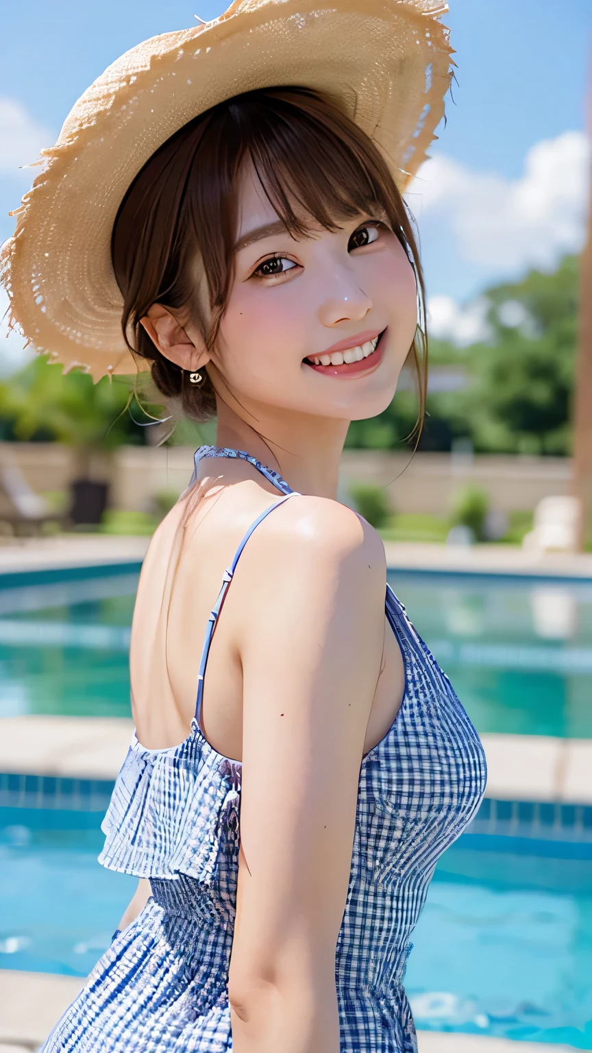 (Highest quality, taken with a DSLR, 8k, top quality, high resolution, highest quality, highest resolution, very beautiful woman, perfect anatomy), light brown eyes, very light brown eyes, small diamond-shaped earrings, looking at the camera, beautiful brown hair, ((baby face, loose and cute medium ponytail)), very short and beautiful bangs with brown hair, E-cup chest, beautiful 20-year-old, lip gloss, smiling very happily, very cute smile, upper teeth, beautiful teeth, (random summer beautiful sea or pool horizon (background only), slightly larger eyes, small face, tall supermodel, beautifully toned model, random cute poses, dynamic angle, eye focus, head tilt, very detailed and realistic, very beautiful 20-year-old, ((medium shot)), sharp jawline, ((white gingham check dress, straw hat)), deep waist, sexy legs, side view, smiling very happily, laughing, summer day