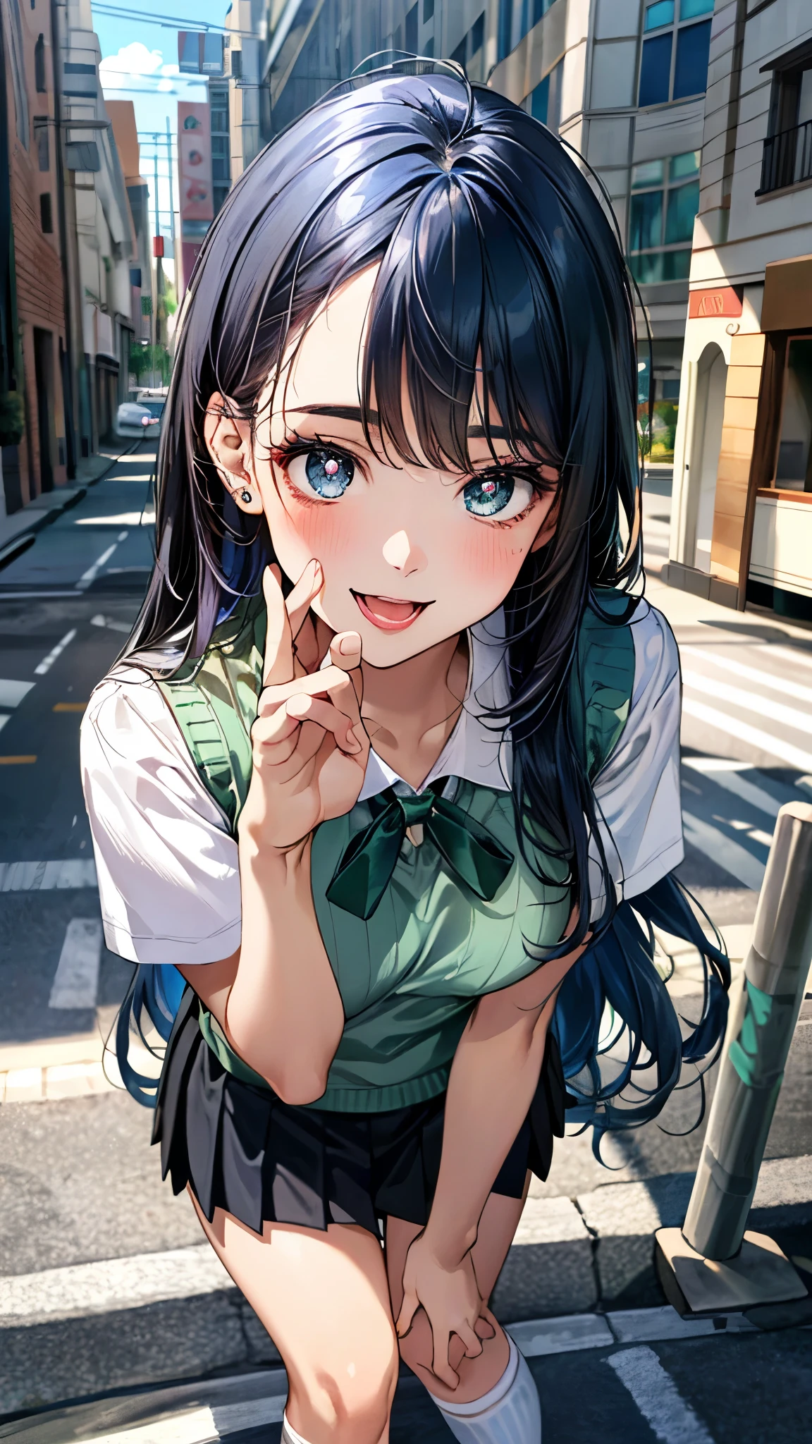 (masterpiece:1.3, top-quality, ultra high res, ultra detailed), (realistic, photorealistic:1.4), beautiful illustration, perfect lighting, natural lighting, colorful, depth of fields, surrealism,
beautiful detailed hair, beautiful detailed face, beautiful detailed eyes, beautiful clavicle, beautiful body, beautiful chest, beautiful thigh, beautiful legs, beautiful fingers, shiny skin, babyface,
looking at viewer, selfie, 1 girl, high school girl, (perfect anatomy, anatomically correct, super detailed skin), cute and symmetrical face, perfect face, perfect eyes,
(long hair, (two side up), straight hair, blue hair), bangs, blue eyes, slant eyes, big eyes, long eyelashes, (large breasts:1.2, seductive thighs), slender, outstanding style,
((detailed cloth texture, short sleeve white collared shirt, break emerald green knit vest, break shocking pink pleated skirt, break shocking pink neck ribbon), socks, shocking pink loafer),
(beautiful scenery), evening, (downtown), (standing, leaning forward,), (heart shaped pupils, :3, aroused, ahegao, orgasm, in heat, naughty face, seductive smile, open mouth small),