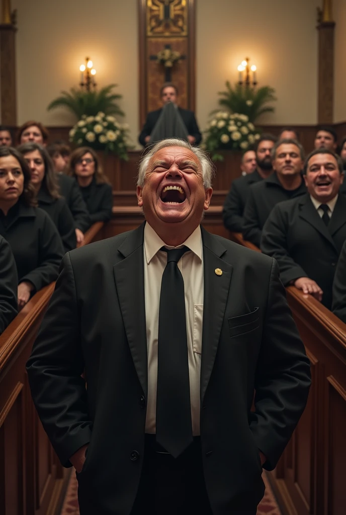 A person laughing at funeral